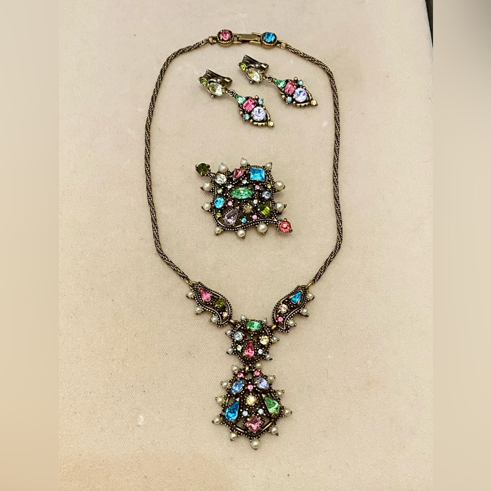 1951 HollyCraft Rhinestone Necklace Earrings & Brooch Vintage Jewelry Set